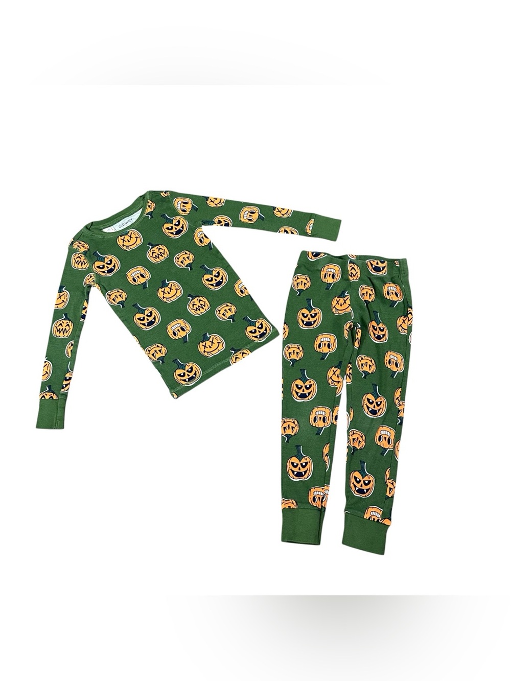 Old Navy Kids Halloween Pumpkin Pajama Set Size 5 XS Green Orange 2 Piece